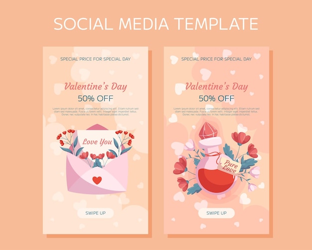 Diseño de plantilla de historias verticales de redes sociales del Día de San Valentín Envelopes abiertos rosados flores rojas hojas verdes botella de poción telón de fondo beige Precio especial concepto de compras en línea nubes decorativas corazones