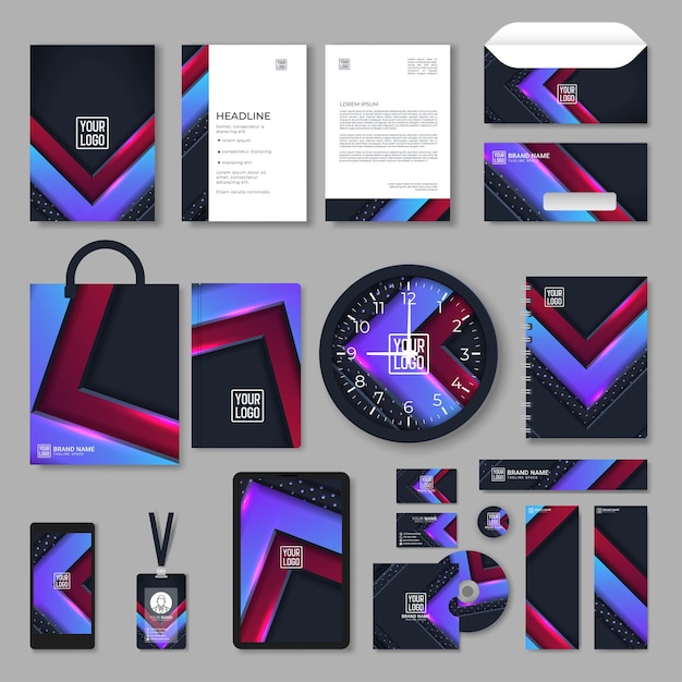Diseño de plantilla de identidad corporativa púrpura con elementos geométricos de color. Papelería comercial