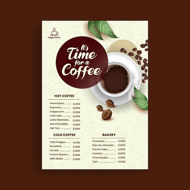 Diseño de plantilla de impresión de lista de menú de precios de café y menú de bebidas de alimentos