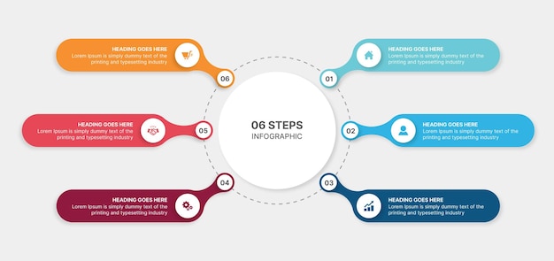 Diseño de plantilla de infografía circular con diagrama de flujo de trabajo de proceso de 6 pasos