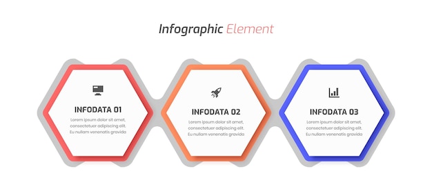 Diseño de plantilla de infografía comercial mínima con icono de etiqueta hexagonal y 3 opciones para presentación