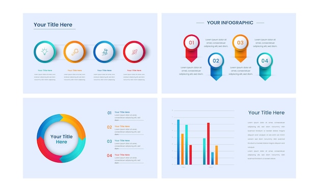 Diseño de plantilla de infografía empresarial con varios tipos de diagramas en cuatro opciones