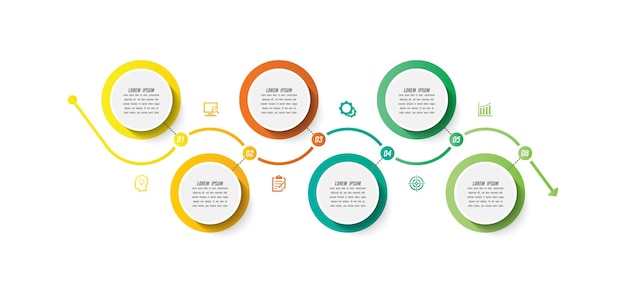 Diseño de plantilla de infografía de seis pasos de línea de tiempo circular vectorial para presentación