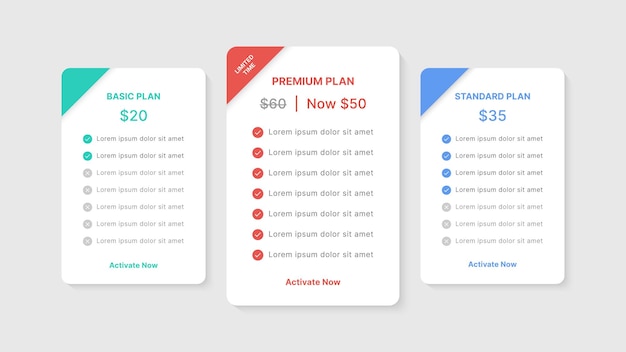 Diseño de plantilla infográfica de comparación de paquetes de tabla de precios con 3 planes de suscripción