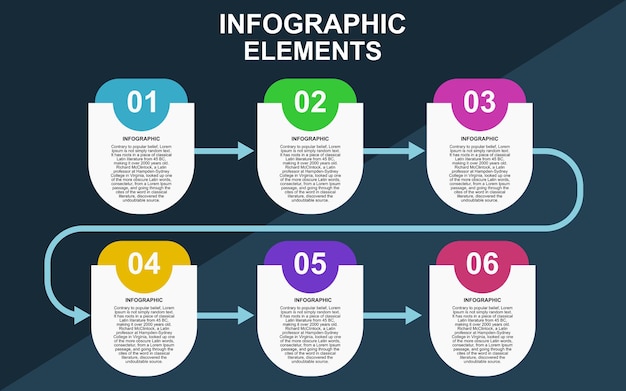 Diseño de plantilla infográfica con diseño infográfico de 6 pasos para presentaciones, pancartas y carteles.
