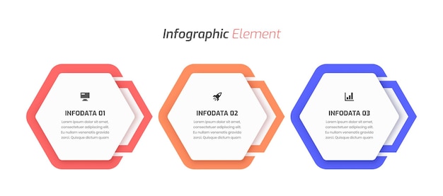 Diseño de plantilla infográfica empresarial con etiqueta hexagonal, icono y 3 opciones para presentación