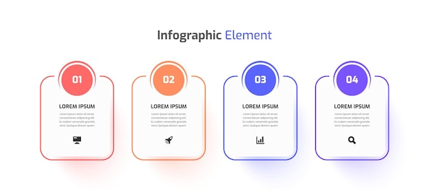 Diseño de plantilla infográfica empresarial con icono de etiqueta rectangular y 4 números para presentación