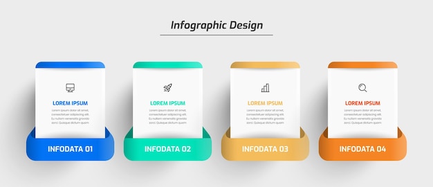 Diseño de plantilla infográfica empresarial con icono de etiqueta rectangular y 4 opciones para presentación