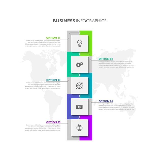 Diseño de plantilla infográfica de fondo abstracto de negocios de presentación colorido con cinco opciones
