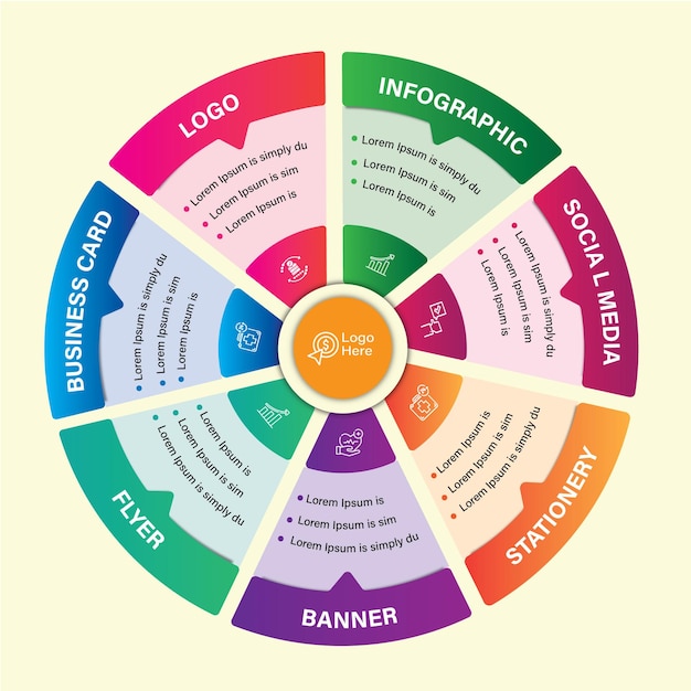 Diseño de plantilla infográfica de presentación con iconos y círculos. Concepto de negocio con siete opciones.