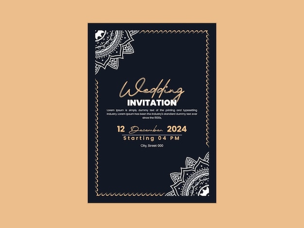 Diseño de plantilla de invitación de boda dorada dibujada con grabado vectorial