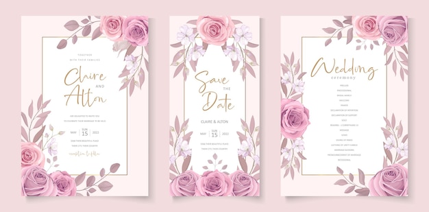 Vector diseño de plantilla de invitación de boda flor rosa floreciente dibujada a mano