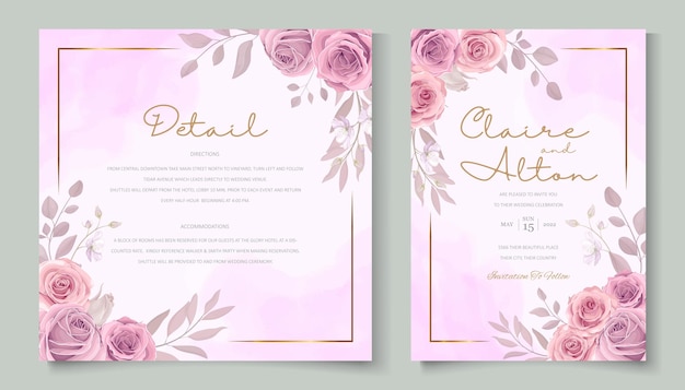 Diseño de plantilla de invitación de boda flor rosa floreciente dibujada a mano
