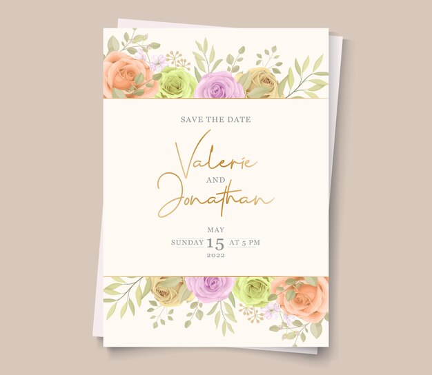 Diseño de plantilla de invitación de boda flor rosa floreciente dibujada a mano