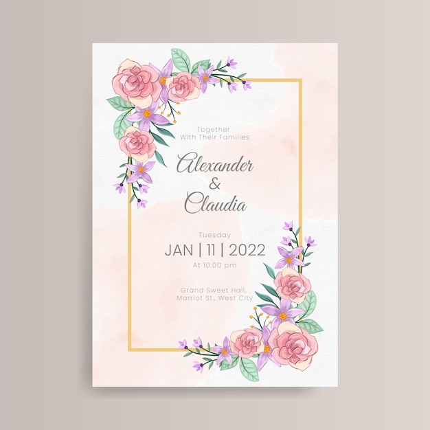 Diseño de plantilla de invitación de boda floral dibujada a mano