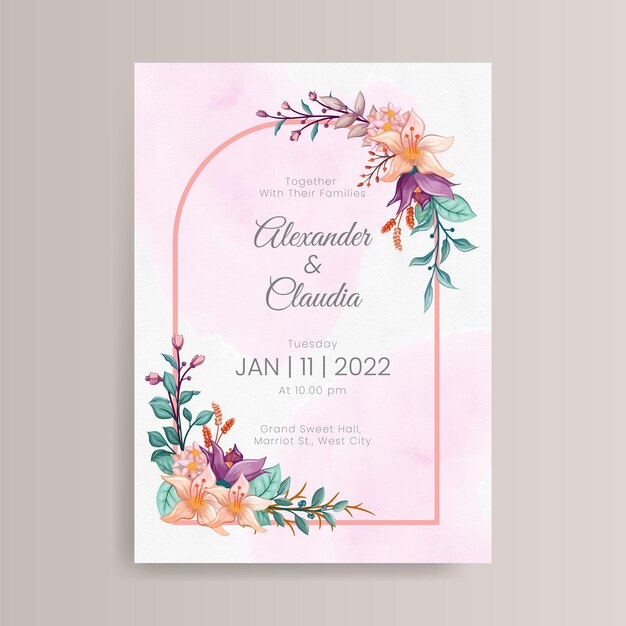 Diseño de plantilla de invitación de boda floral dibujada a mano