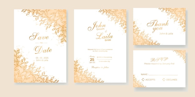 Diseño de plantilla de invitación de boda floral elegante dorado