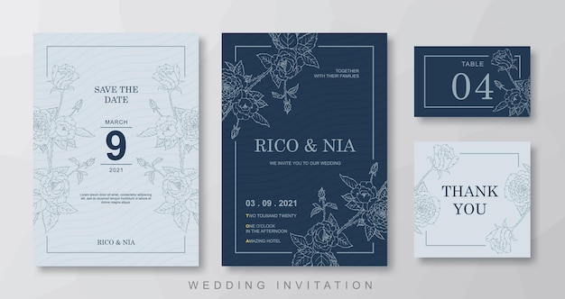 Diseño de plantilla de invitación de boda floral line art