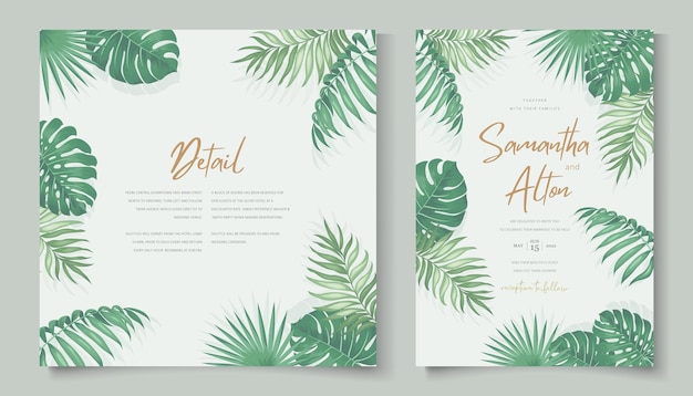 Diseño de plantilla de invitación de boda con temática tropical