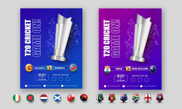 Diseño de plantilla de juego de cricket t20 con trofeo de plata 3d y escudo de bandera de países participantes en dos opciones.