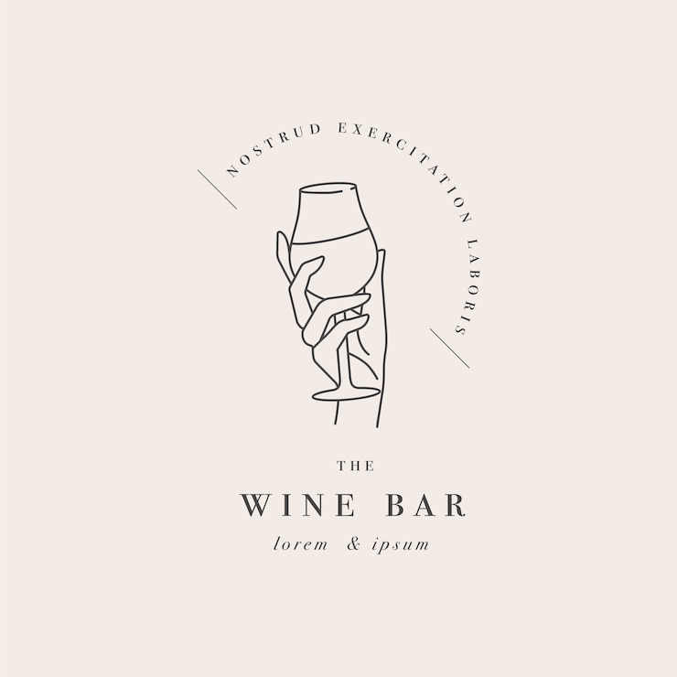 Diseño de plantilla lineal logotipo o emblema mano femenina sosteniendo una copa de vino