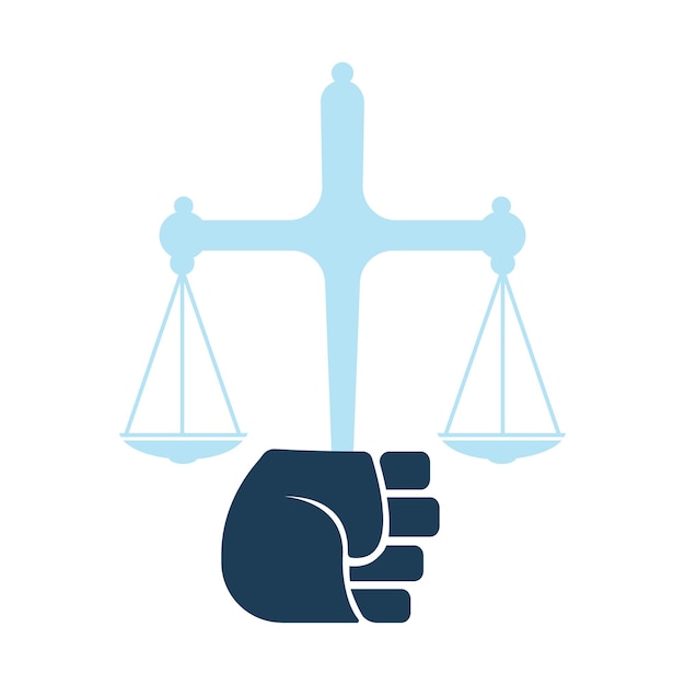 Diseño de plantilla de logotipo de balanzas de justicia en mano concepto de logotipo de justicia de revolución
