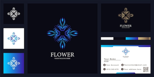 Diseño de plantilla de logotipo de lujo flor o adorno con tarjeta de visita.