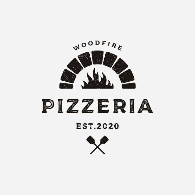 Diseño de plantilla de logotipo de pizza o pizzería retro vintage con palas cruzadasLogotipo para etiqueta y insignia de restaurante de negocios