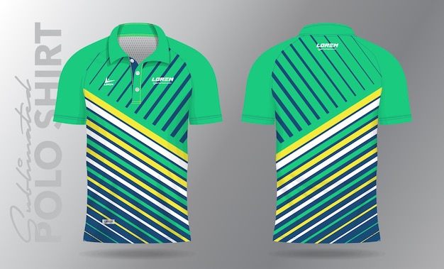 Vector diseño de plantilla de maqueta de camiseta polo azul, verde y amarilla por sublimación