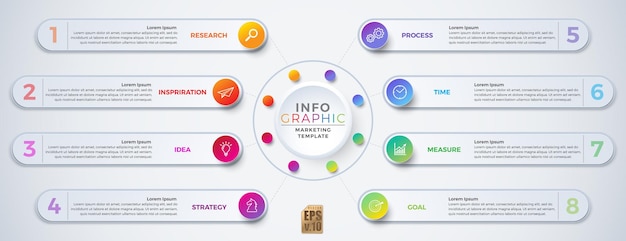 Diseño de plantilla de marketing de vector colorido infográfico Iconos de esquina redonda 8 opciones aisladas en estilo mínimo Puede usarse para el proceso de marketing Presentaciones de flujo de trabajo Diagrama de flujo de diseño Anuncio de impresión