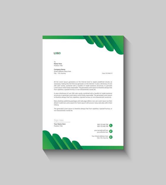 Diseño de plantilla de membrete moderno y verde