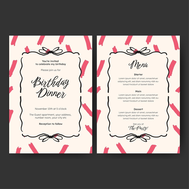 Vector diseño de plantilla de menú de invitación minimalista dibujada a mano para cumpleaños o bodas de san valentín