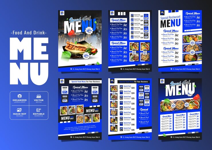 Vector diseño de plantilla de menú de restaurante con comida y bebidas