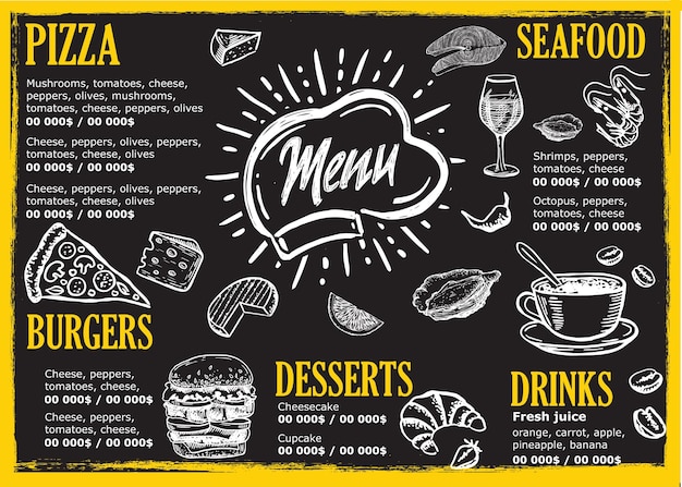 Diseño de plantilla de menú de restaurante Folleto de comida Estilo dibujado a mano Ilustración vectorial