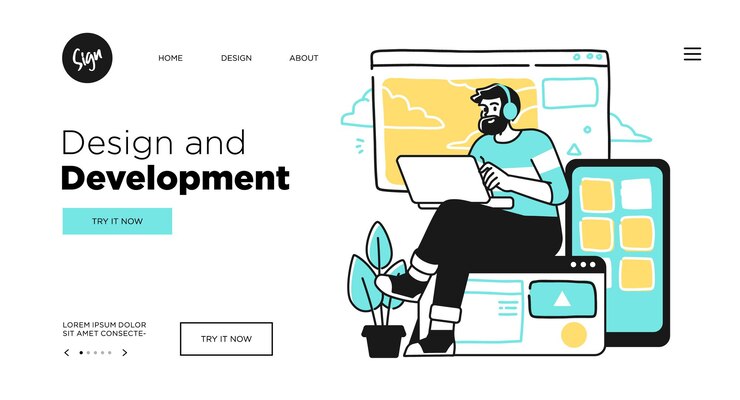 Vector diseño de plantilla de página web de concepto de tecnologías de desarrollo y programación