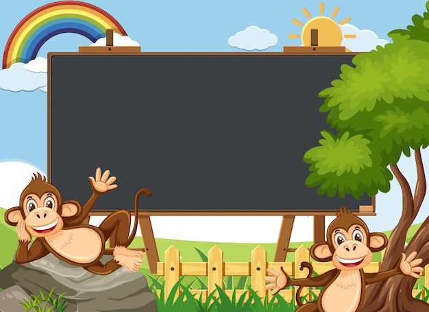 Diseño de plantilla de pizarra con monos felices en el zoológico