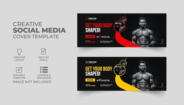 diseño de plantilla de portada de facebook de gimnasio de fitness para conjunto de paquetes de banner web