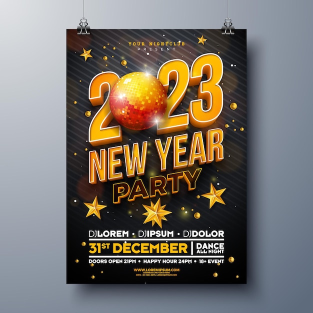 Vector diseño de plantilla de póster de celebración de fiesta de año nuevo con número 3d 2023 y bola de discoteca brillante