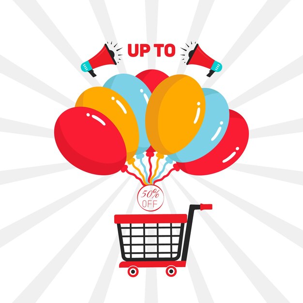 Diseño de plantilla de póster de descuento moderno con globos para colorear carrito de compras y megáfono