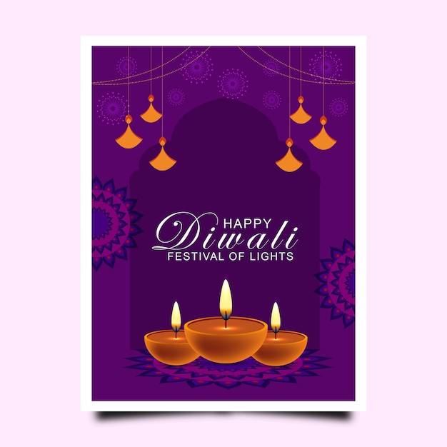Diseño de plantilla de póster del festival de Diwali con fuegos artificiales y Diya