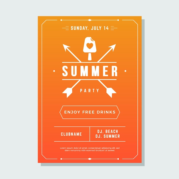 Diseño de plantilla de póster de fiesta de verano degradado naranja flechas de amor cruzadas con lugar para vector de texto