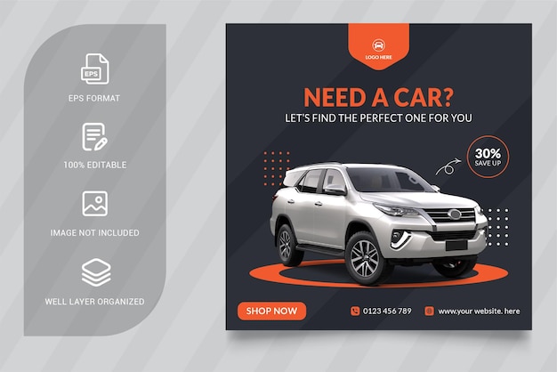 Diseño de plantilla de promoción de publicación de redes sociales de alquiler de coches