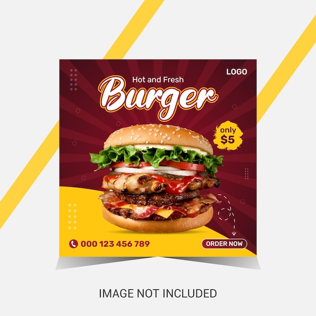 Diseño de plantilla de publicación de alimentos en redes sociales de hamburguesas calientes con diseño de vector cuadrado móvil.