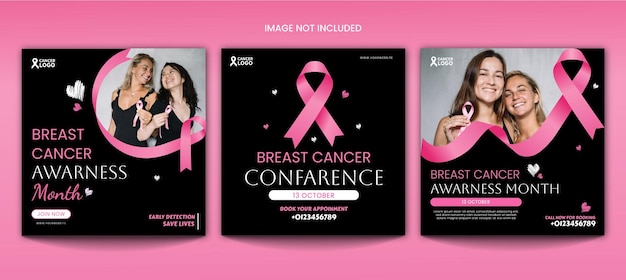 Vector diseño de plantilla de publicación de instagram o redes sociales de concientización sobre el cáncer de mama lindo en negro y rosa
