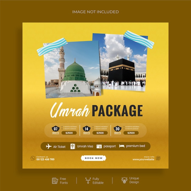 Diseño de plantilla de publicación de medios sociales de lujo islámica umrah y hajj