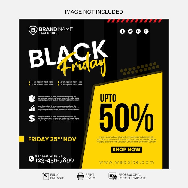 Diseño de plantilla de publicación de redes sociales de Black Friday. Plantilla de banner cuadrado mínimo editable