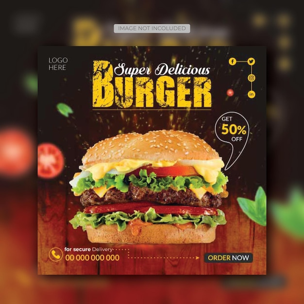 Diseño de plantilla de publicación de redes sociales de menú de comida y hamburguesa de restaurante