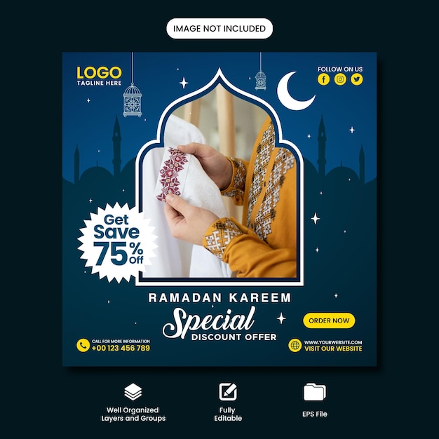 Diseño de plantilla de publicación de redes sociales de oferta de descuento especial de Ramadan Kareem