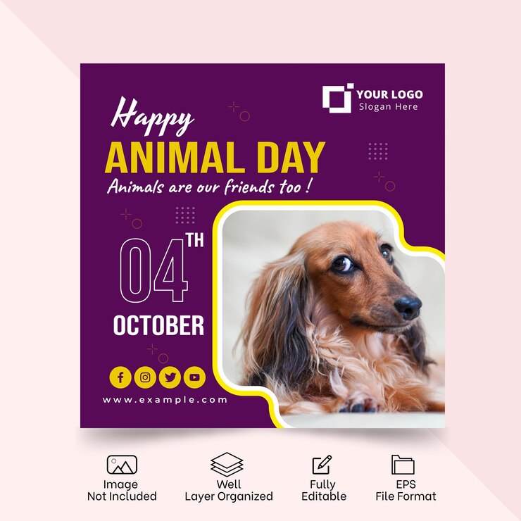 Diseño de plantilla de publicaciones en redes sociales del día mundial de los animales