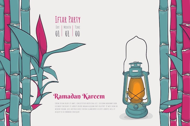 Diseño de plantilla de ramadan kareem con linterna y fondo de bambú en diseño de dibujos animados
